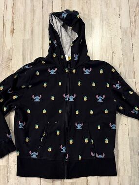 Disney Black Zip Hoodie with Stitch & Pineapple Print XL